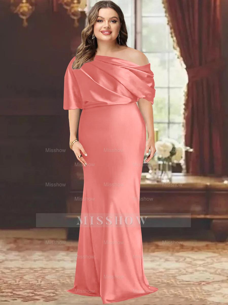 One-Shoulder Plus Size Floor-Length Sheath Mother of the Bride Dress with Ruffles