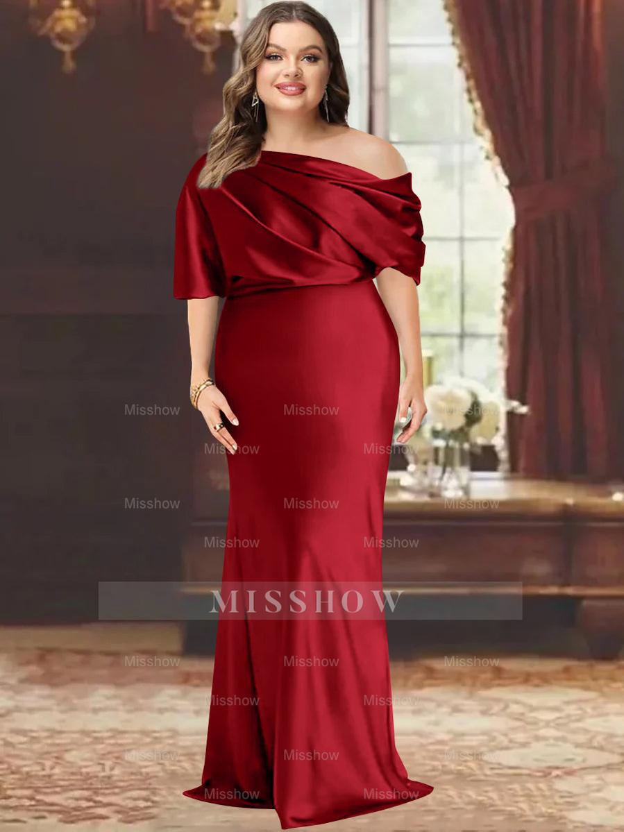One-Shoulder Plus Size Floor-Length Sheath Mother of the Bride Dress with Ruffles