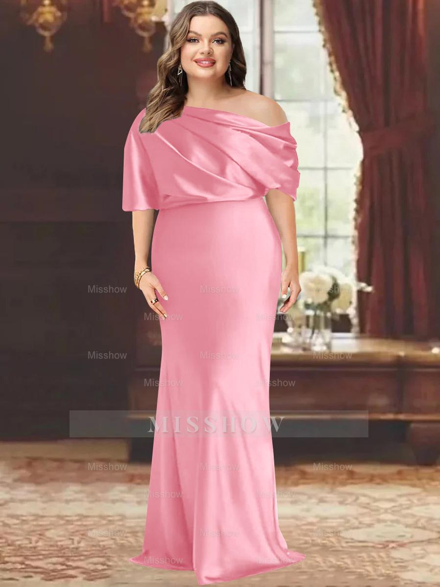 One-Shoulder Plus Size Floor-Length Sheath Mother of the Bride Dress with Ruffles