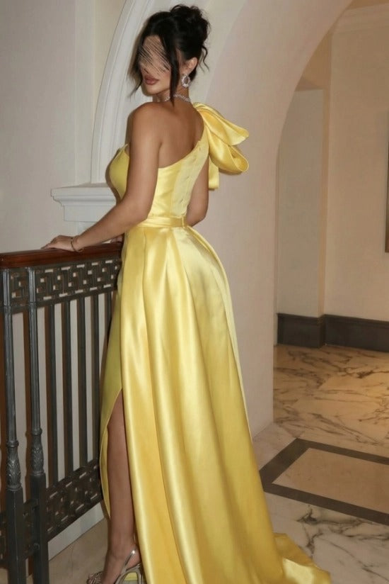 Yellow One Shoulder Sleeveless Mermaid Satin Ruffled Floor Length Formal Evening Gown