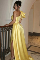 Yellow One Shoulder Sleeveless Mermaid Satin Ruffled Floor Length Formal Evening Gown