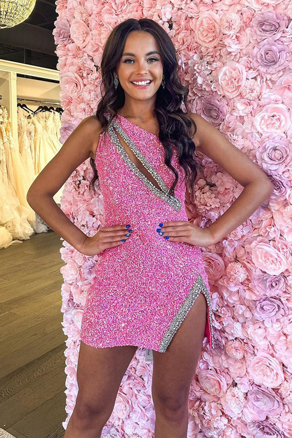 One Shoulder Sequin Rhinestone Beaded Trim Diagonal Cutout Side Split Open Back Bodycon Homecoming Dress Mini