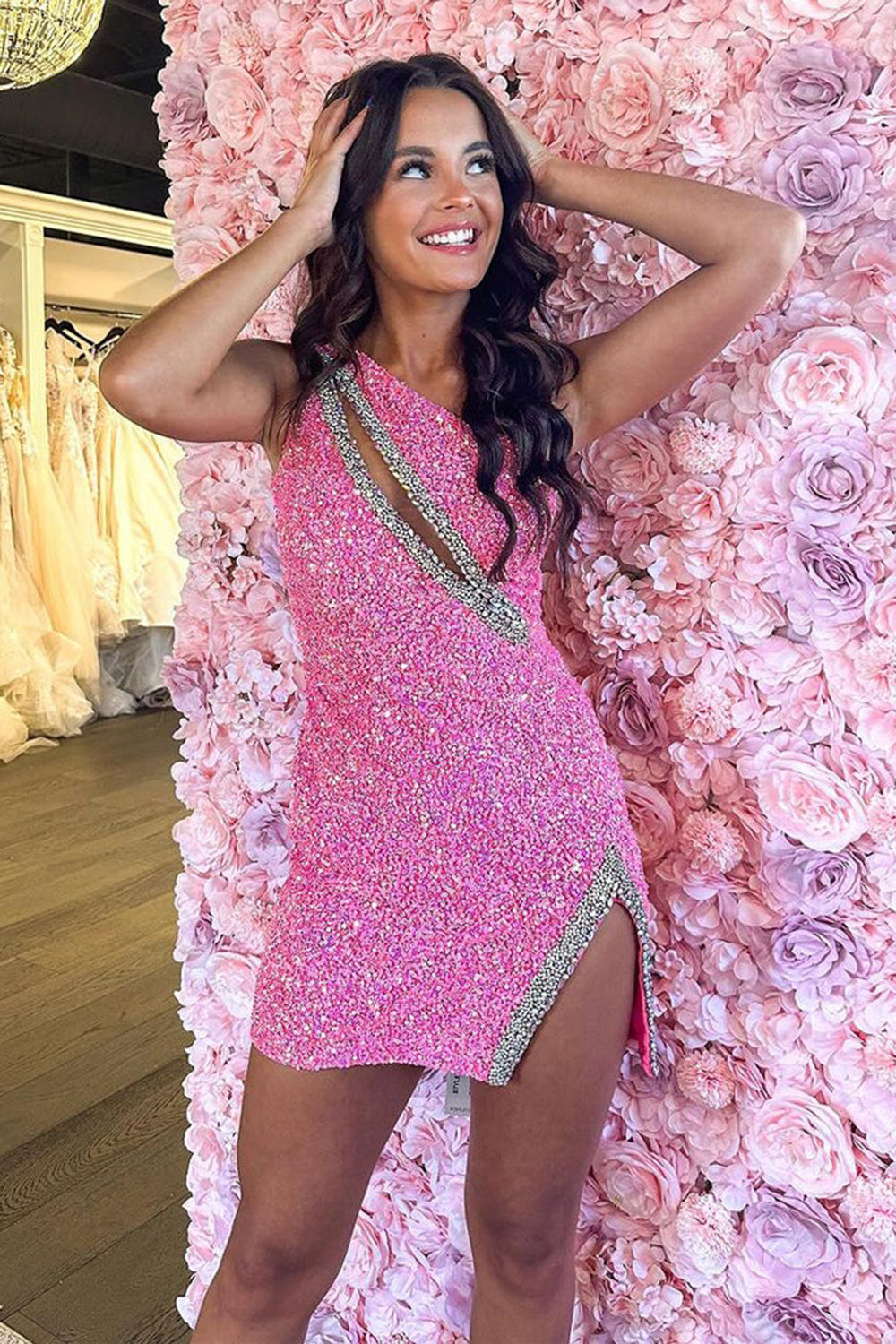 One Shoulder Sequin Rhinestone Beaded Trim Diagonal Cutout Side Split Open Back Bodycon Homecoming Dress Mini