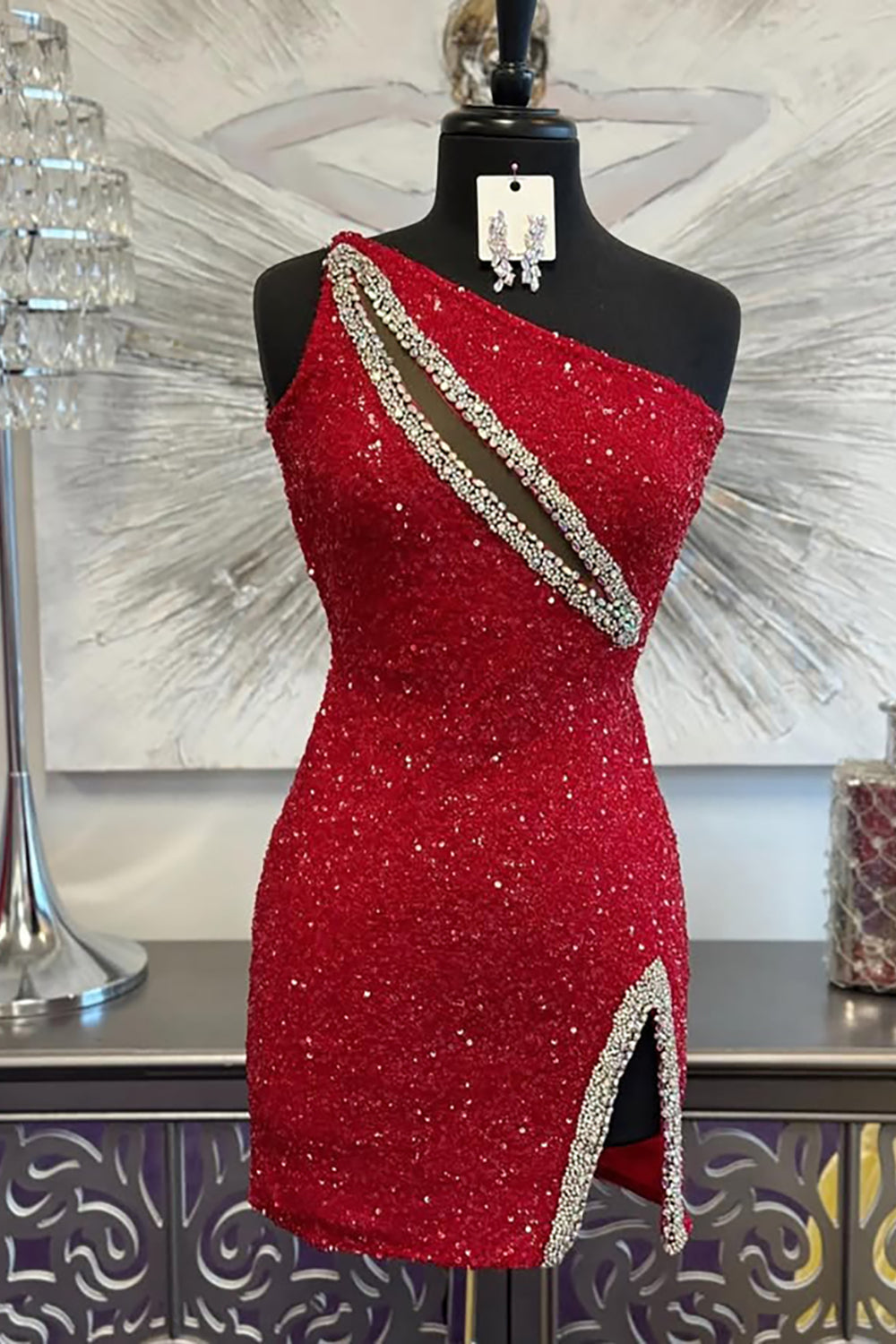 One Shoulder Sequin Rhinestone Beaded Trim Diagonal Cutout Side Split Open Back Bodycon Homecoming Dress Mini