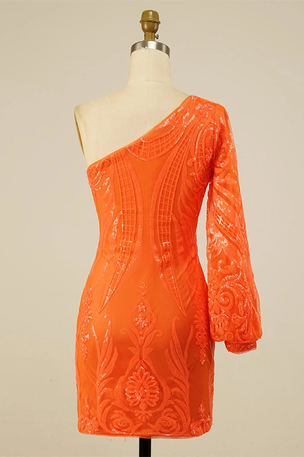 One Shoulder Single Long Sleeve All-Over Baroque Scrollwork Sequined Lace Open Back Bodycon Homecoming Dress Mini