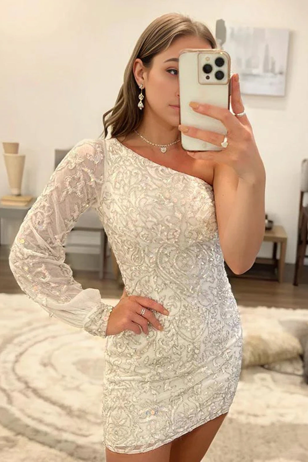 One Shoulder Single Long Sleeve All-Over Baroque Scrollwork Sequined Lace Open Back Bodycon Homecoming Dress Mini