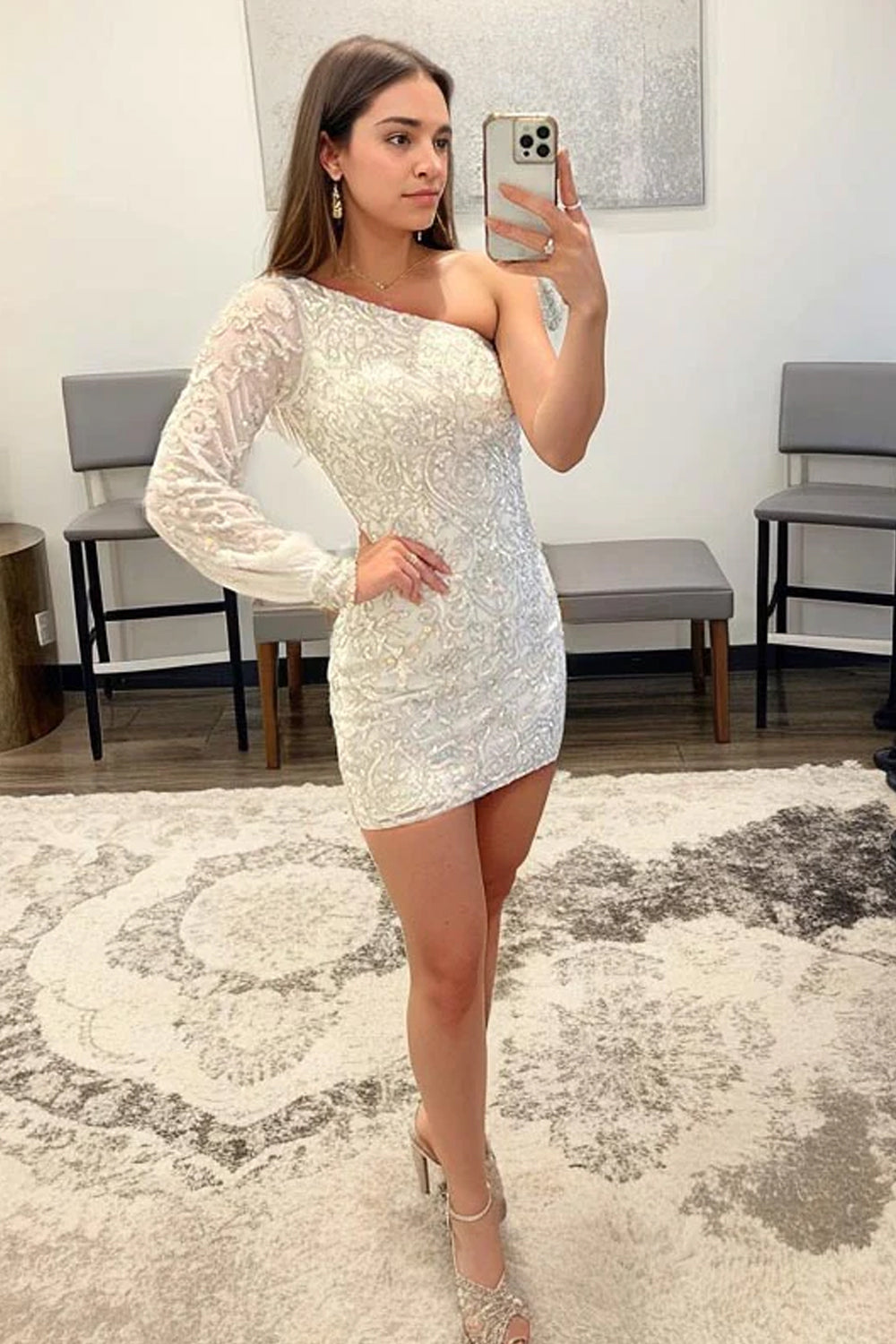 One Shoulder Single Long Sleeve All-Over Baroque Scrollwork Sequined Lace Open Back Bodycon Homecoming Dress Mini