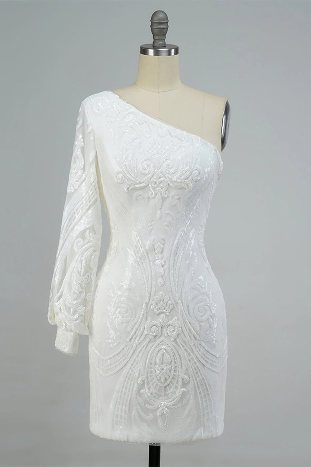 One Shoulder Single Long Sleeve All-Over Baroque Scrollwork Sequined Lace Open Back Bodycon Homecoming Dress Mini