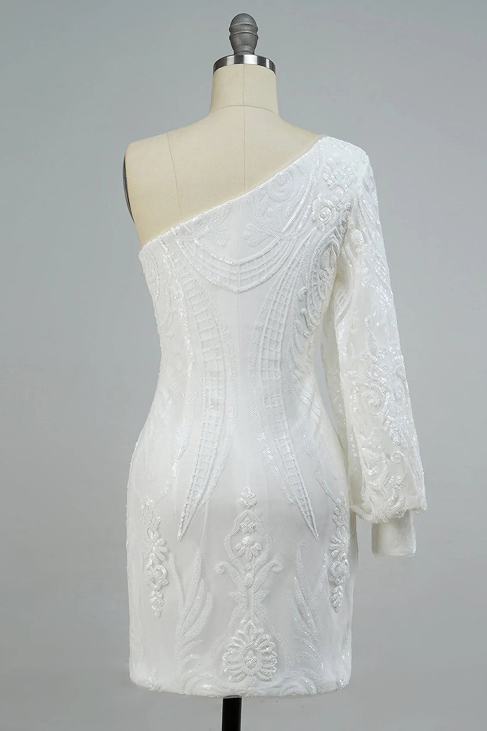 One Shoulder Single Long Sleeve All-Over Baroque Scrollwork Sequined Lace Open Back Bodycon Homecoming Dress Mini