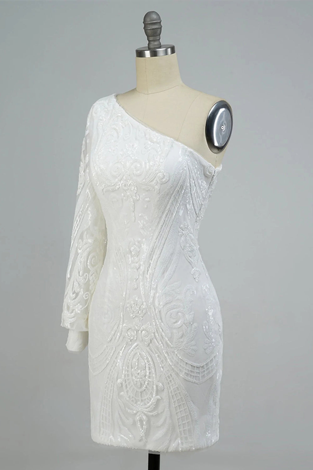 One Shoulder Single Long Sleeve All-Over Baroque Scrollwork Sequined Lace Open Back Bodycon Homecoming Dress Mini