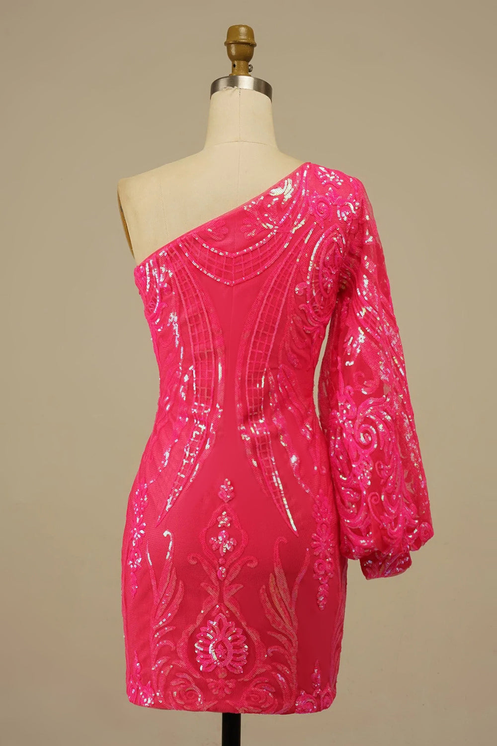 One Shoulder Single Long Sleeve All-Over Baroque Scrollwork Sequined Lace Open Back Bodycon Homecoming Dress Mini