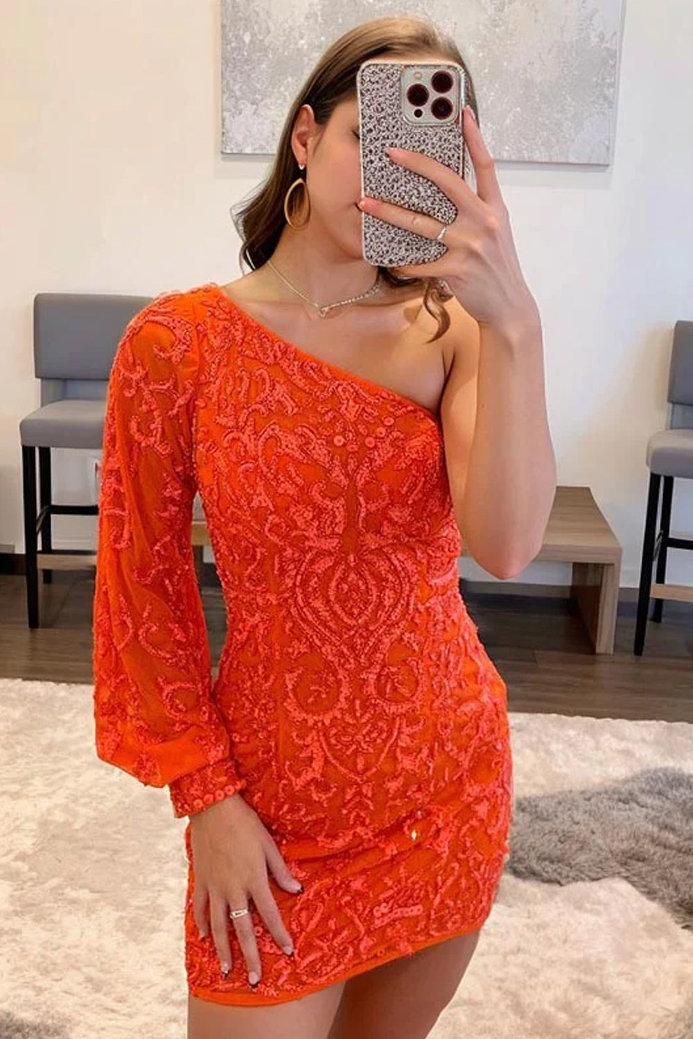 One Shoulder Single Long Sleeve All-Over Baroque Scrollwork Sequined Lace Open Back Bodycon Homecoming Dress Mini