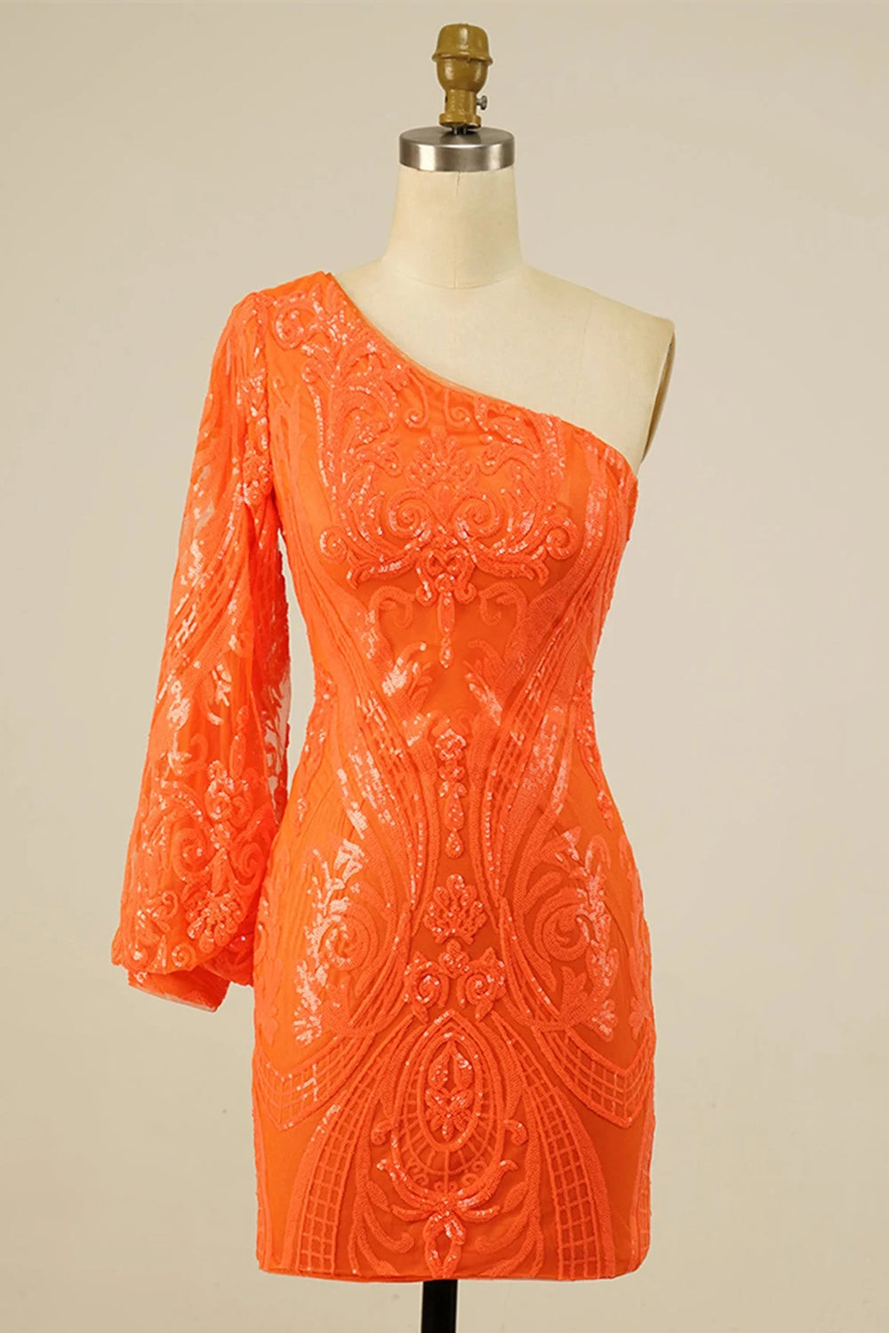 One Shoulder Single Long Sleeve All-Over Baroque Scrollwork Sequined Lace Open Back Bodycon Homecoming Dress Mini