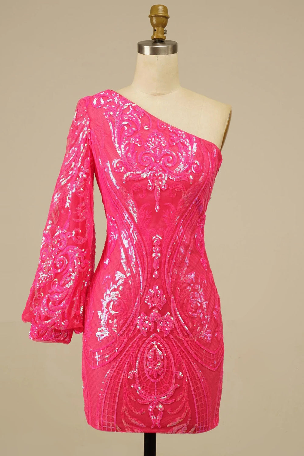 One Shoulder Single Long Sleeve All-Over Baroque Scrollwork Sequined Lace Open Back Bodycon Homecoming Dress Mini