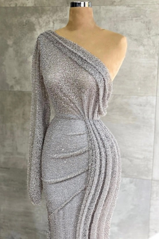 One-Shoulder Single Long Sleeve All-Over Silver Sequin Fabric Multi-Line Vertical Cascade Ruched Mermaid Evening Dress Sweep Train