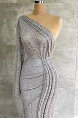 One-Shoulder Single Long Sleeve All-Over Silver Sequin Fabric Multi-Line Vertical Cascade Ruched Mermaid Evening Dress Sweep Train