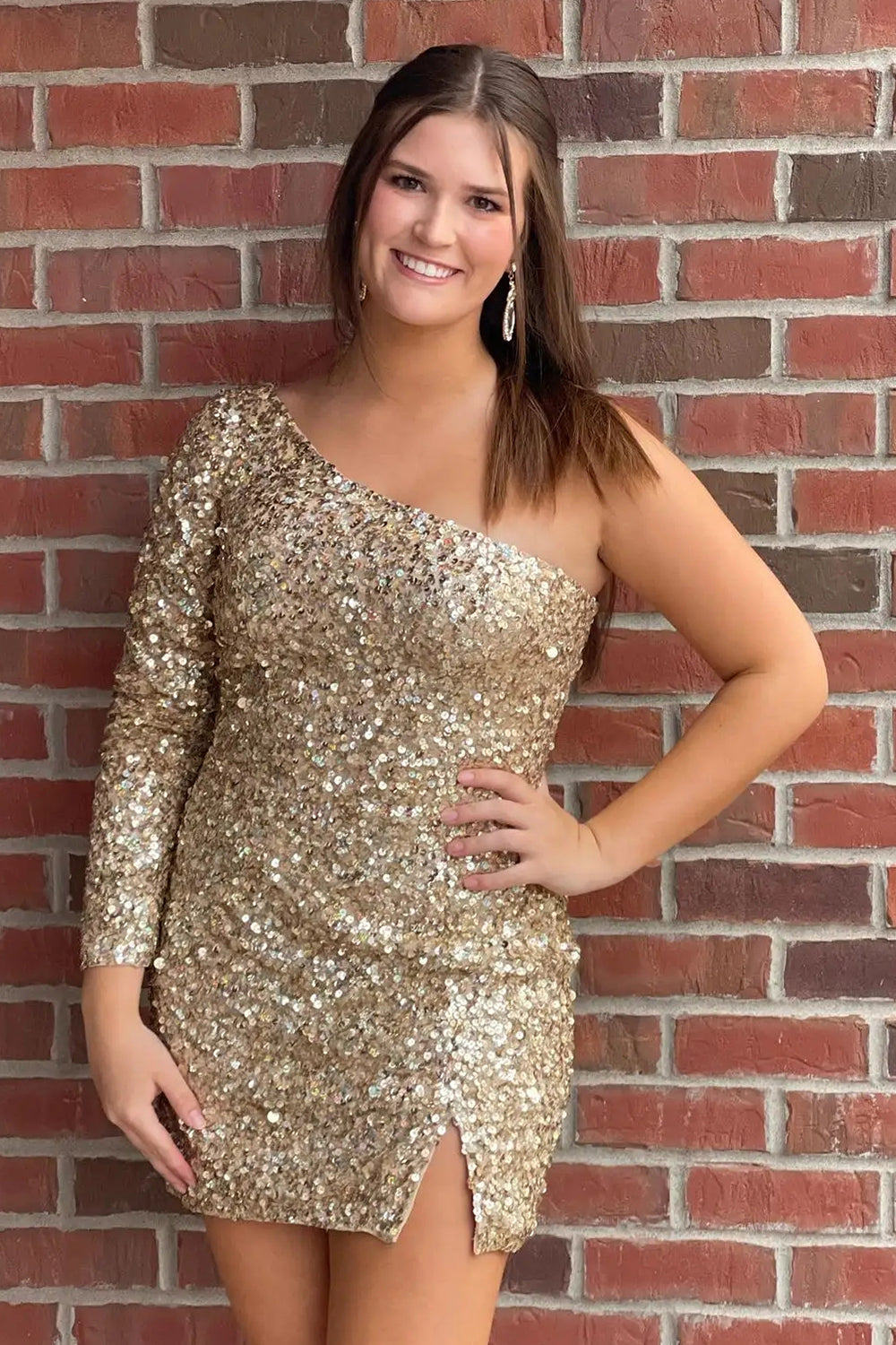 Gold one shoulder sequin bodycon homecoming dress