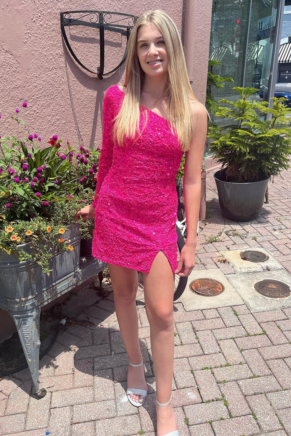 Hot pink one shoulder sequin bodycon homecoming dress