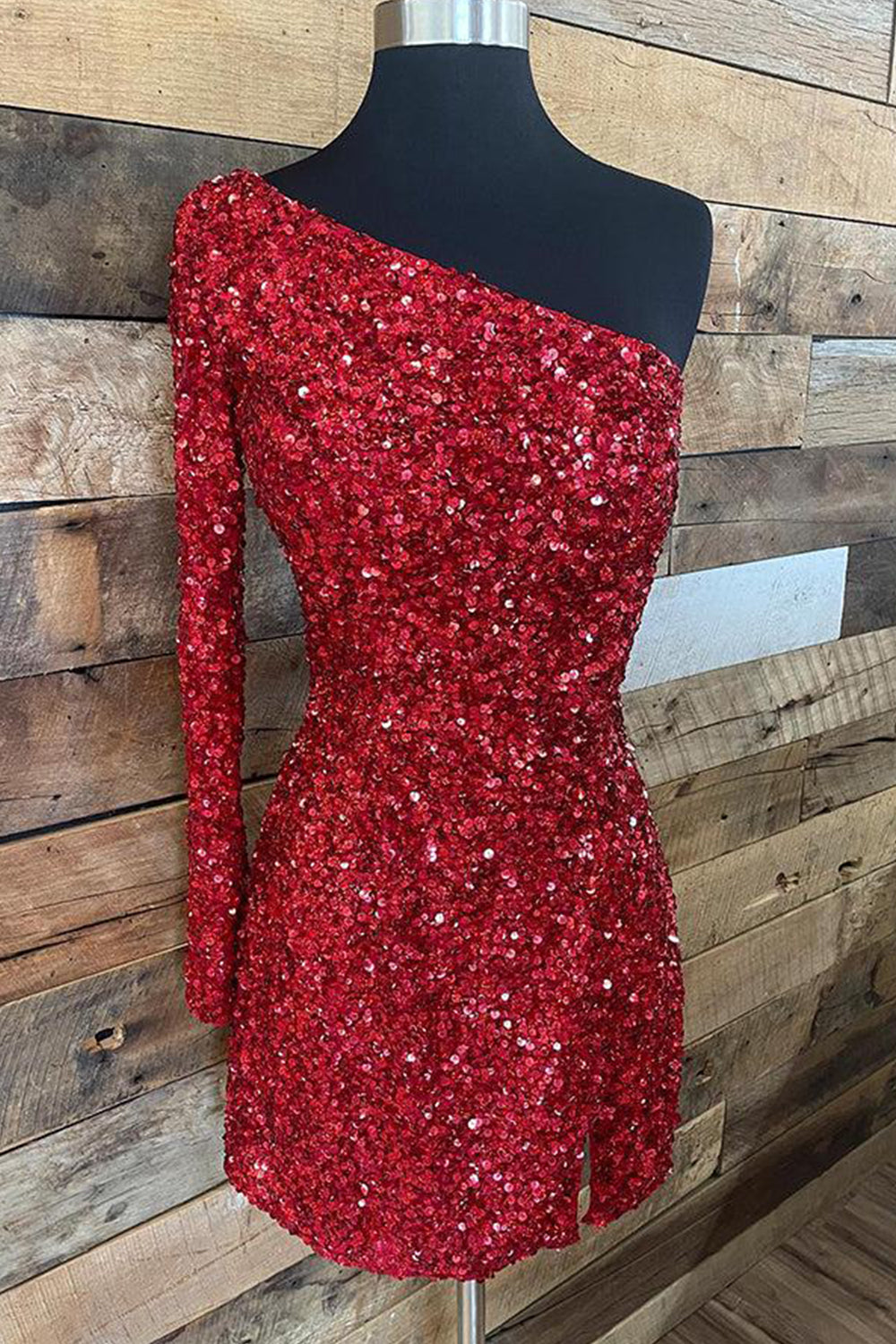 Red one shoulder sequin bodycon homecoming dress