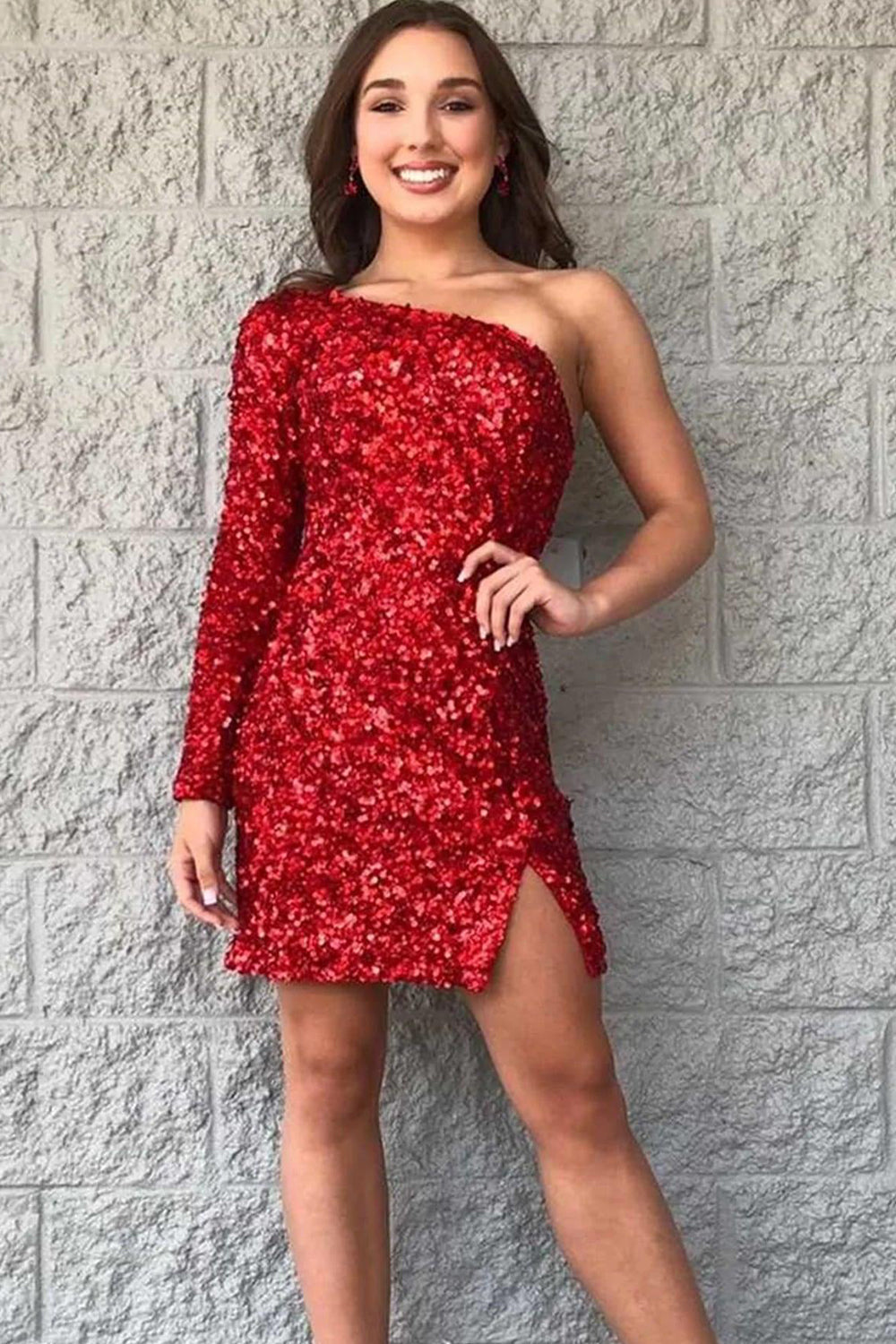 Red one shoulder sequin bodycon homecoming dress