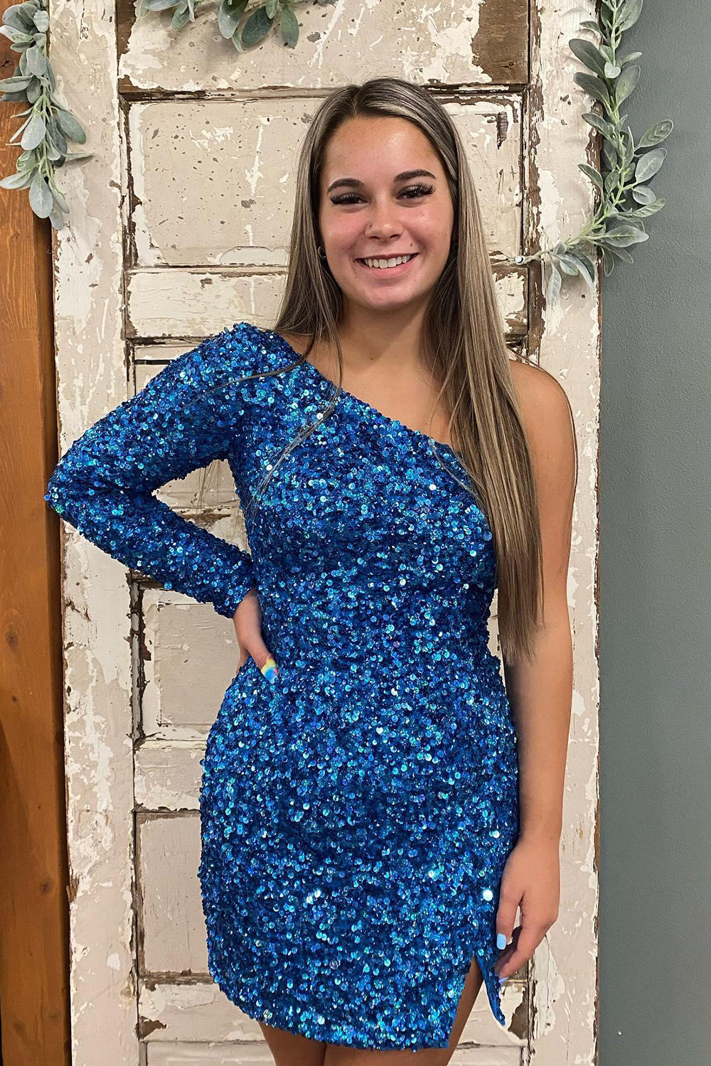 Royal blue one shoulder sequin bodycon homecoming dress