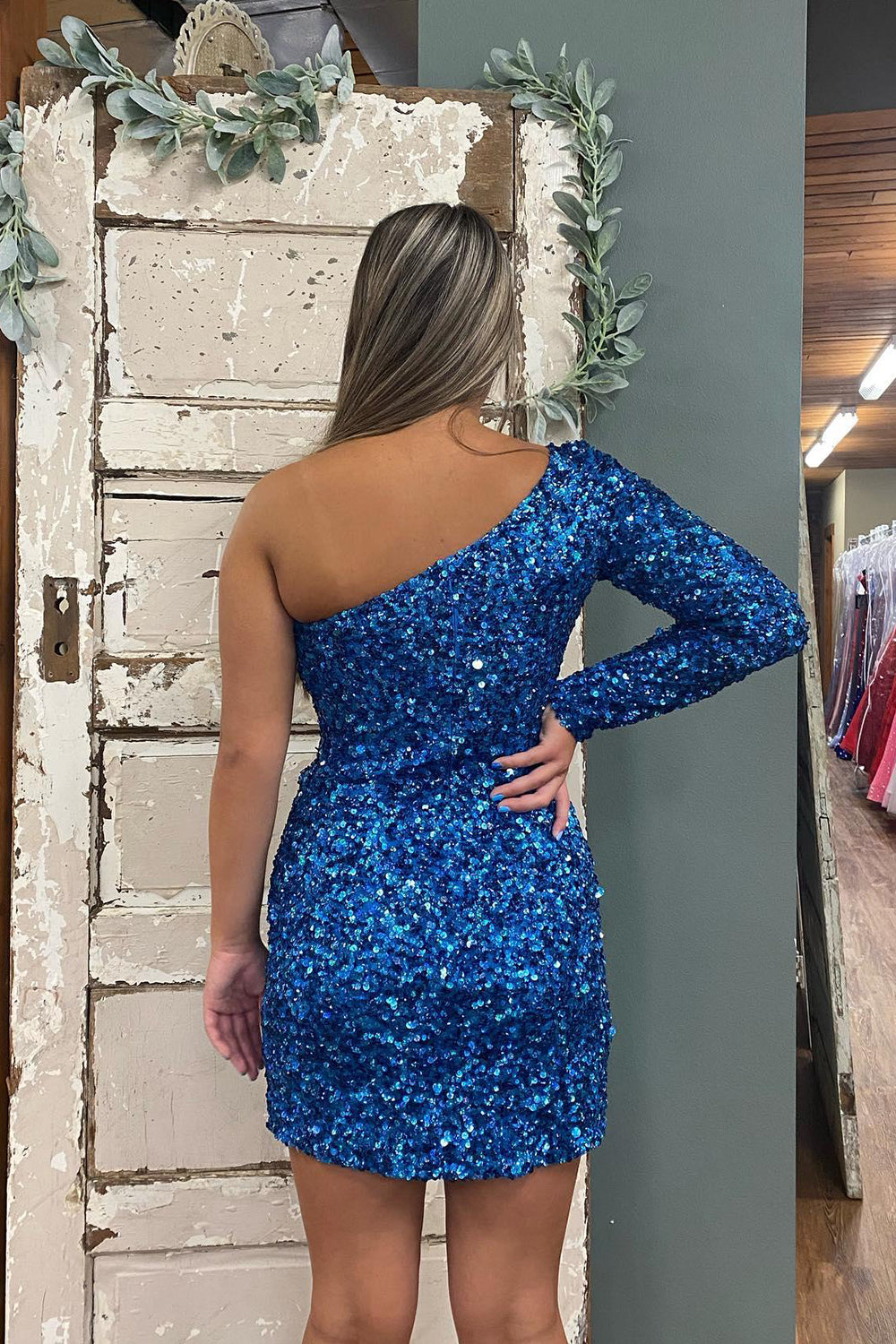 Royal blue one shoulder sequin bodycon homecoming dress