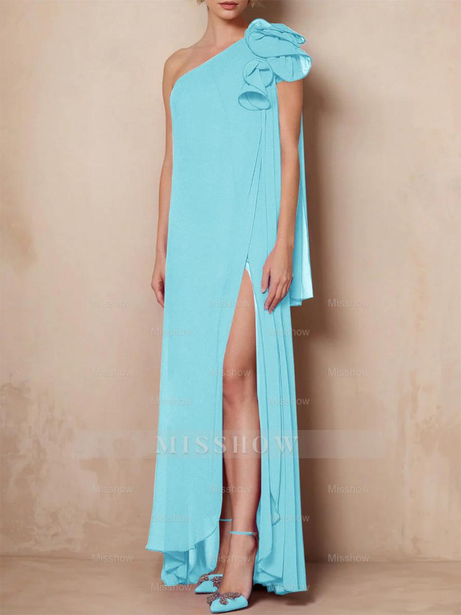 One-Shoulder Sleeveless A-Line Floor-Length Mother of the Bride Dress with Side Split