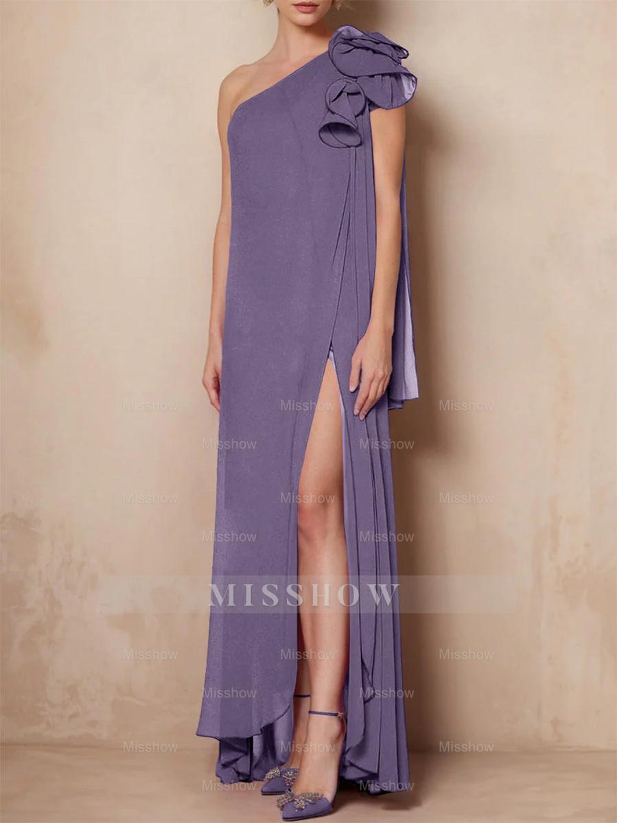 One-Shoulder Sleeveless A-Line Floor-Length Mother of the Bride Dress with Side Split