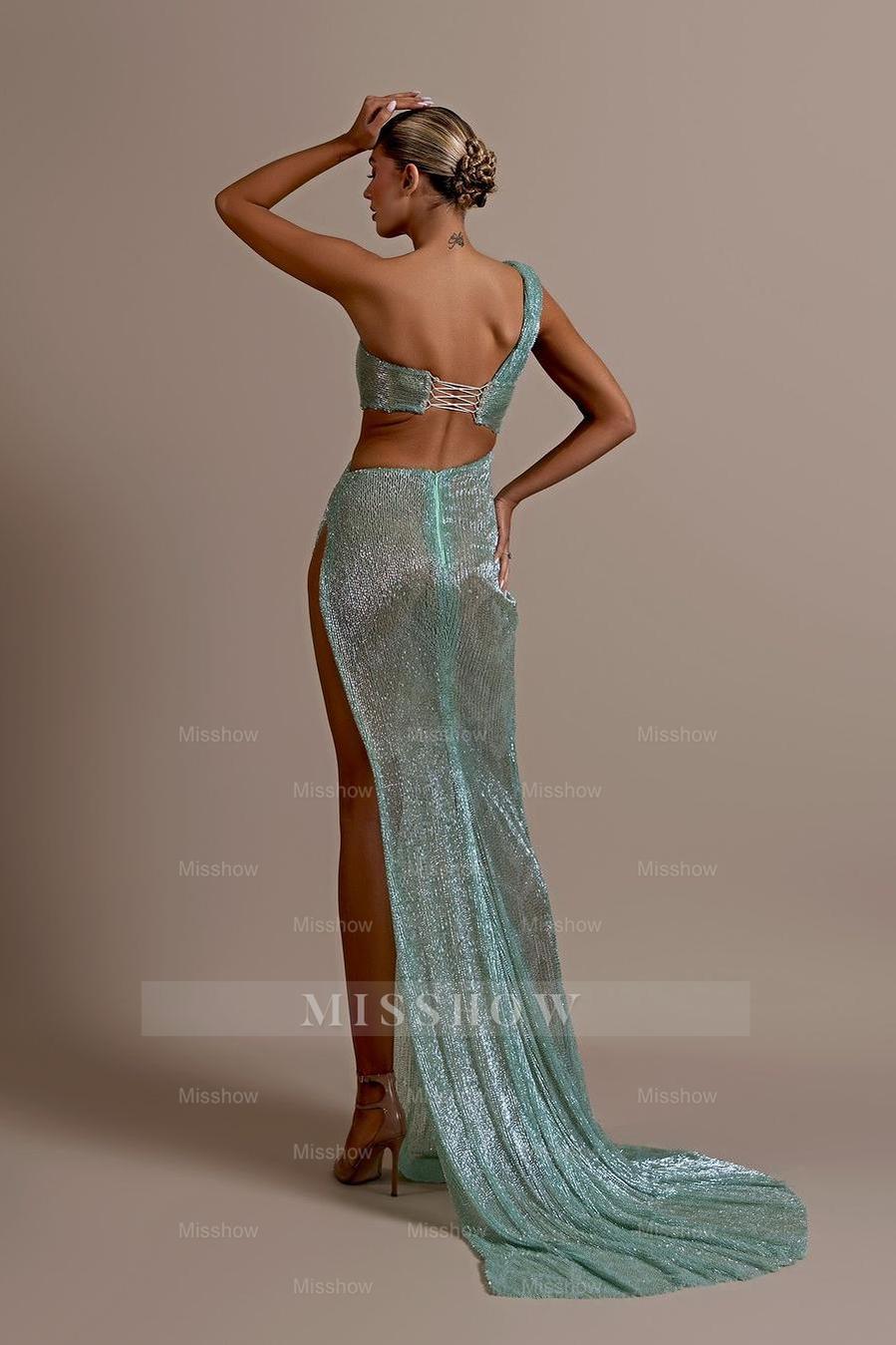 One Shoulder Sleeveless Backless Long Formal Dress With High Split