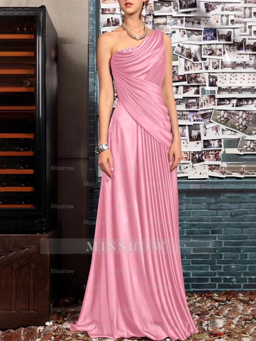 One Shoulder Sleeveless Floor Length Mother of the Bride Dress with Crystal Pleats and Draping