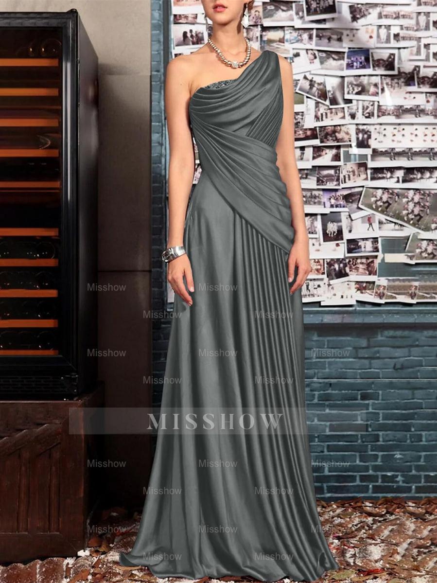 One Shoulder Sleeveless Floor Length Mother of the Bride Dress with Crystal Pleats and Draping