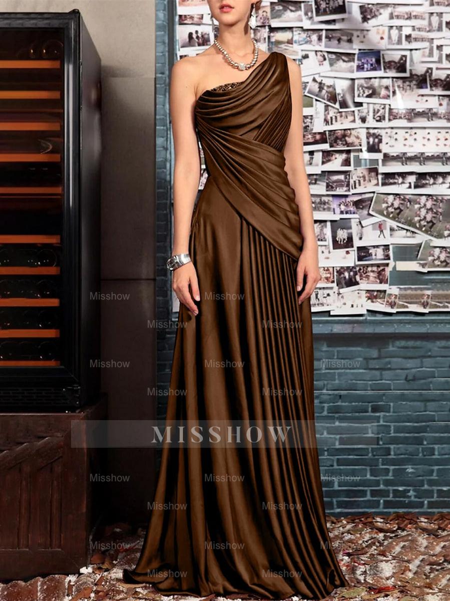 One Shoulder Sleeveless Floor Length Mother of the Bride Dress with Crystal Pleats and Draping