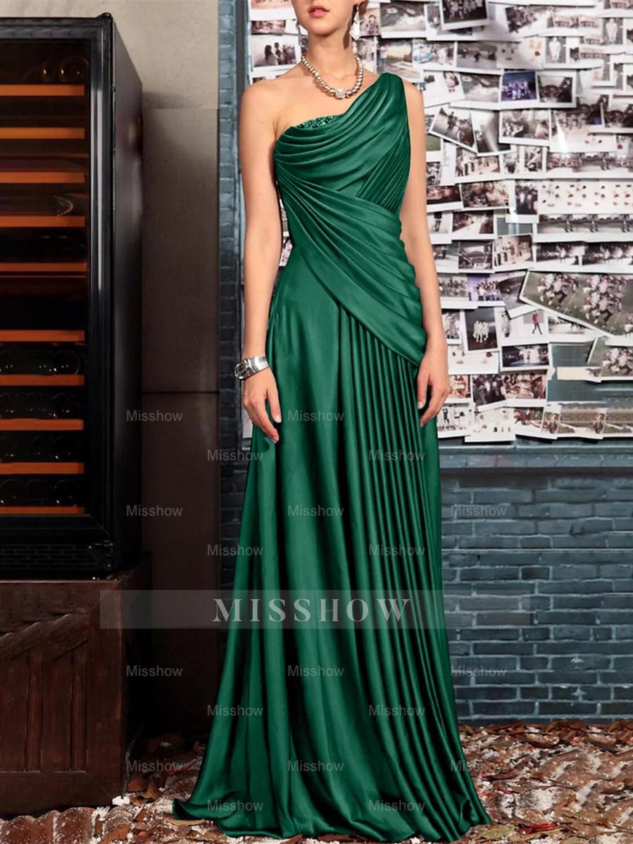 One Shoulder Sleeveless Floor Length Mother of the Bride Dress with Crystal Pleats and Draping