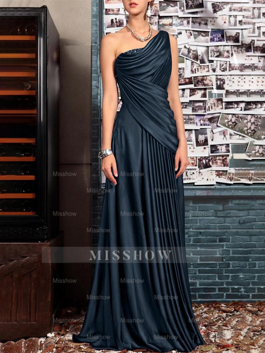 One Shoulder Sleeveless Floor Length Mother of the Bride Dress with Crystal Pleats and Draping