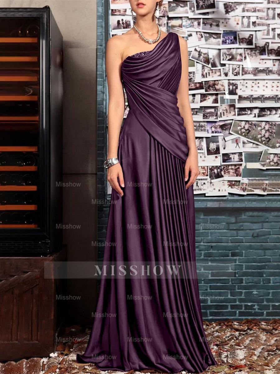 One Shoulder Sleeveless Floor Length Mother of the Bride Dress with Crystal Pleats and Draping