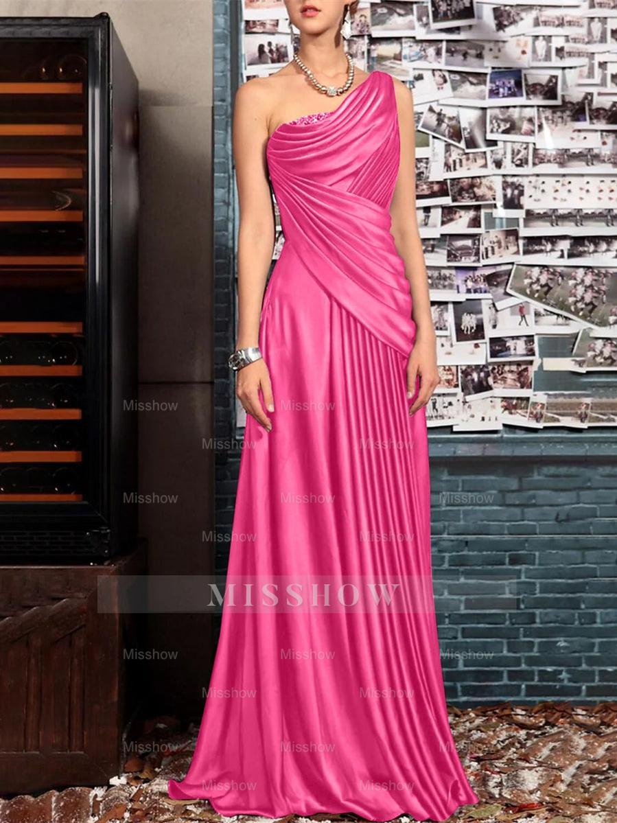 One Shoulder Sleeveless Floor Length Mother of the Bride Dress with Crystal Pleats and Draping