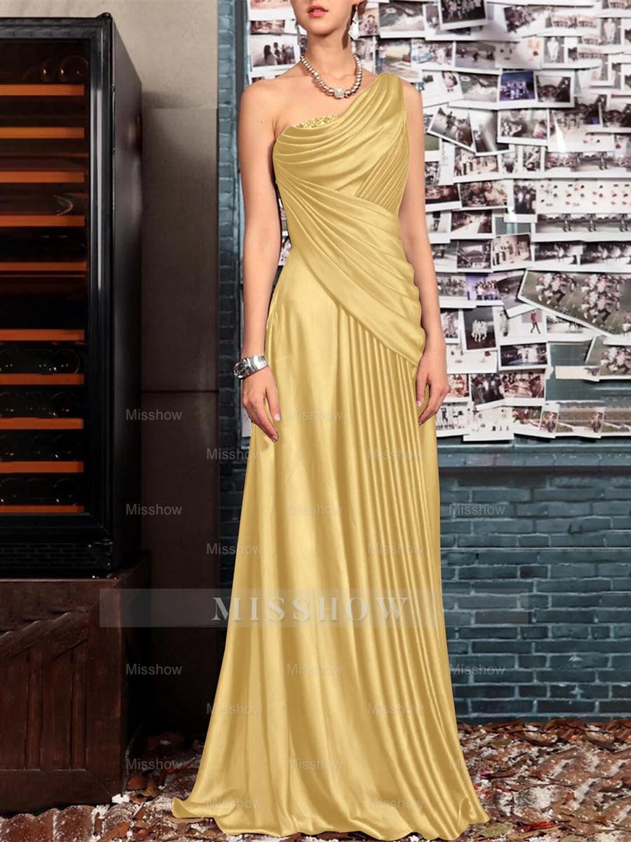 One Shoulder Sleeveless Floor Length Mother of the Bride Dress with Crystal Pleats and Draping