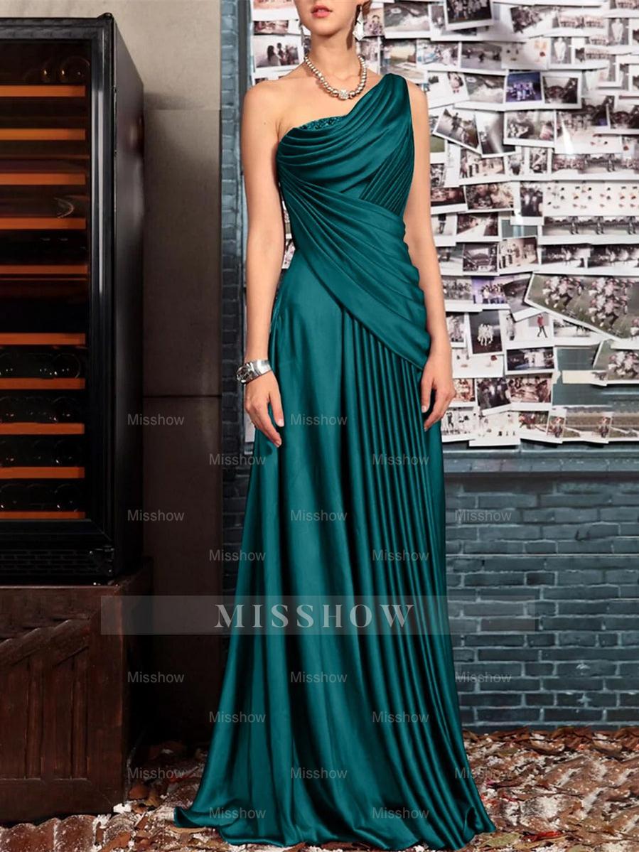 One Shoulder Sleeveless Floor Length Mother of the Bride Dress with Crystal Pleats and Draping