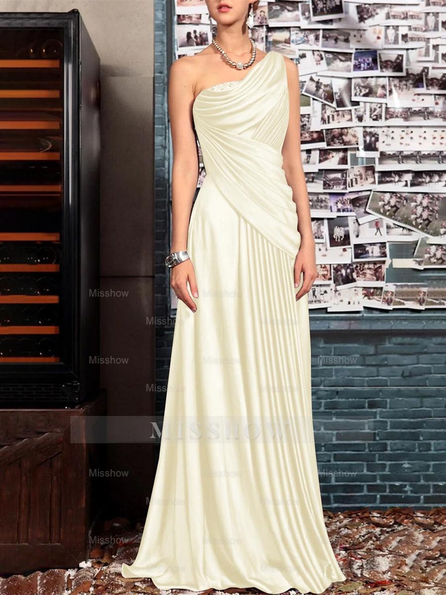 One Shoulder Sleeveless Floor Length Mother of the Bride Dress with Crystal Pleats and Draping