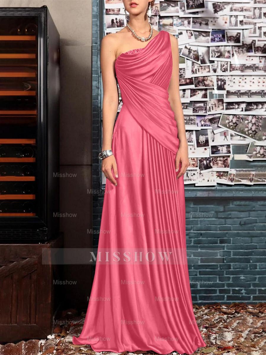 One Shoulder Sleeveless Floor Length Mother of the Bride Dress with Crystal Pleats and Draping