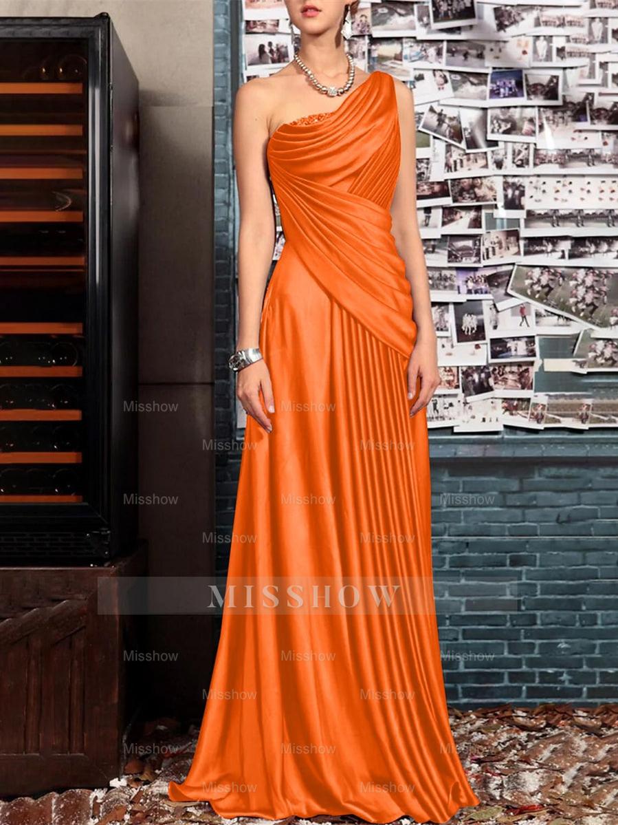 One Shoulder Sleeveless Floor Length Mother of the Bride Dress with Crystal Pleats and Draping