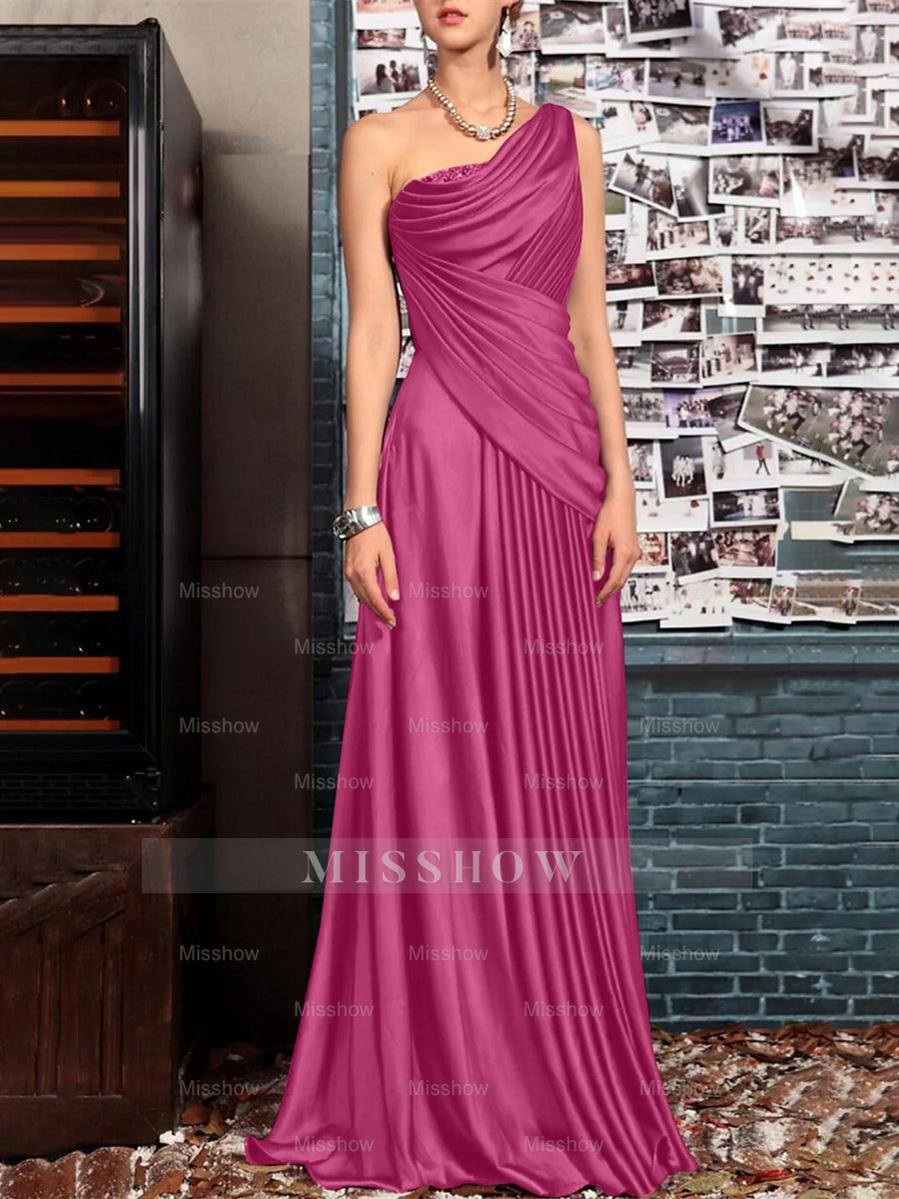 One Shoulder Sleeveless Floor Length Mother of the Bride Dress with Crystal Pleats and Draping