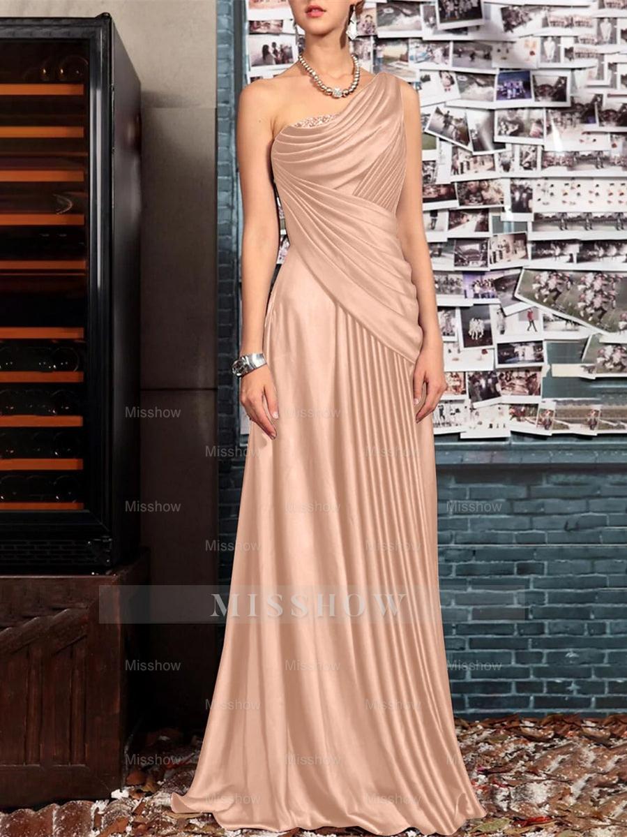 One Shoulder Sleeveless Floor Length Mother of the Bride Dress with Crystal Pleats and Draping