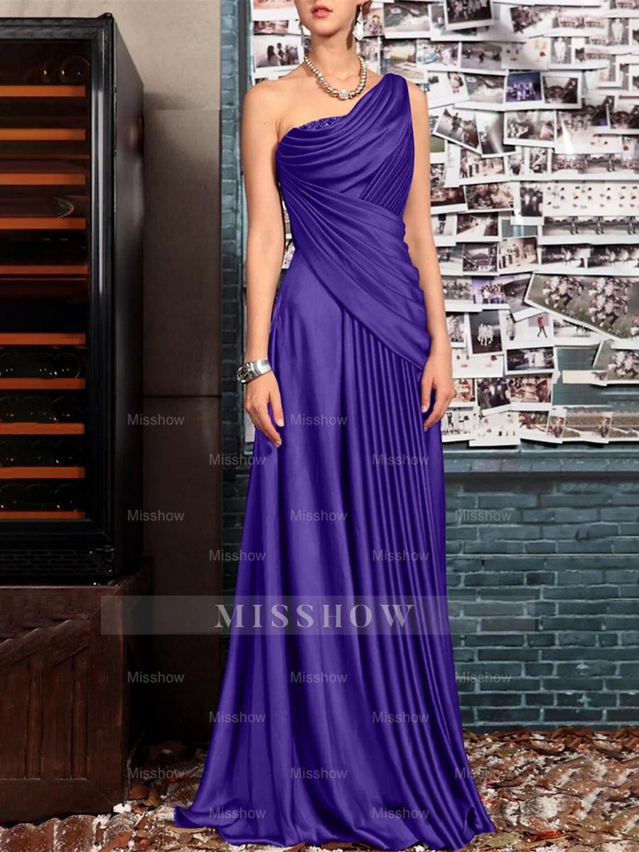One Shoulder Sleeveless Floor Length Mother of the Bride Dress with Crystal Pleats and Draping