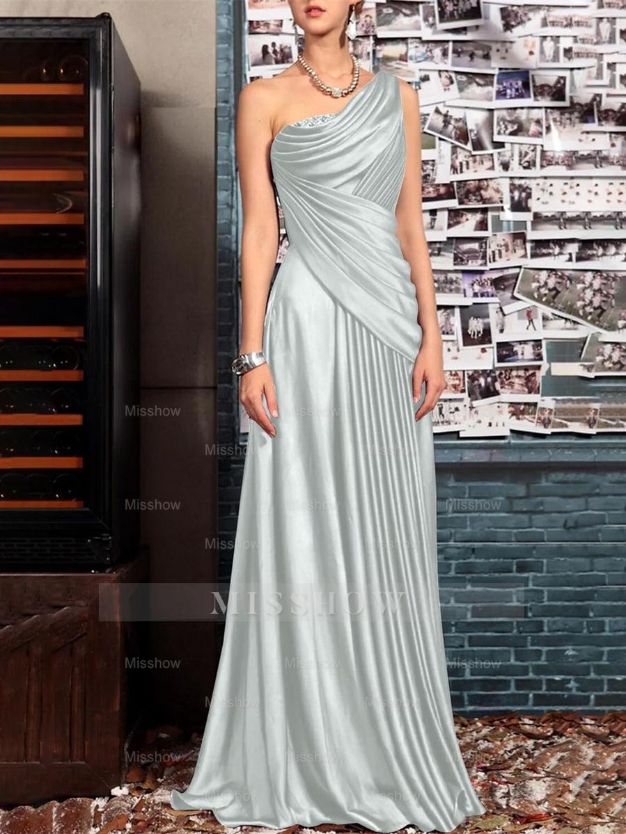 One Shoulder Sleeveless Floor Length Mother of the Bride Dress with Crystal Pleats and Draping