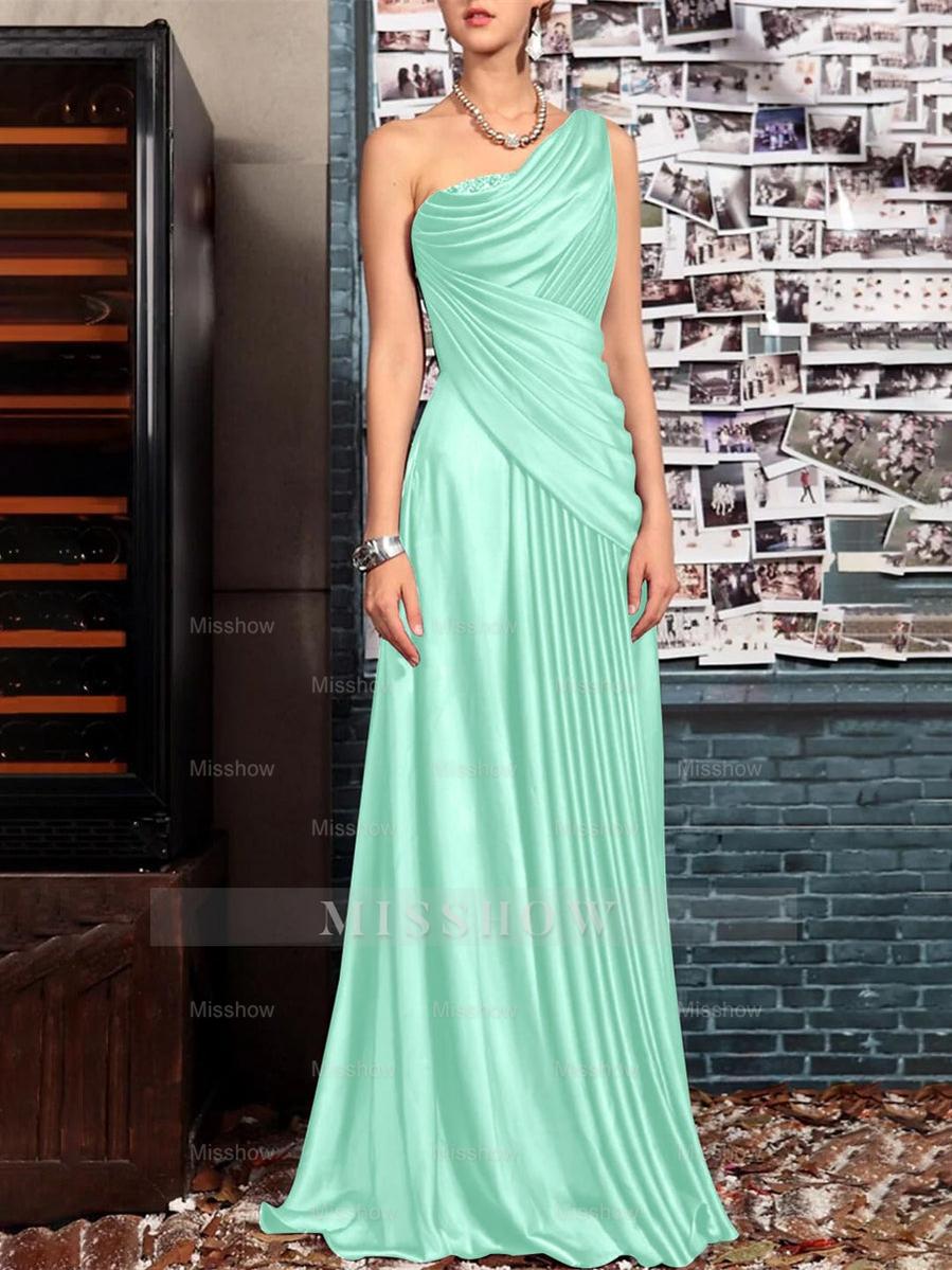 One Shoulder Sleeveless Floor Length Mother of the Bride Dress with Crystal Pleats and Draping