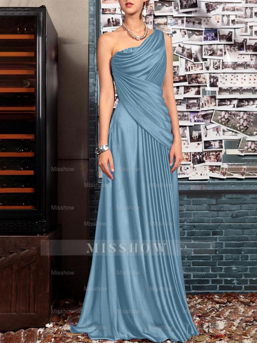 One Shoulder Sleeveless Floor Length Mother of the Bride Dress with Crystal Pleats and Draping