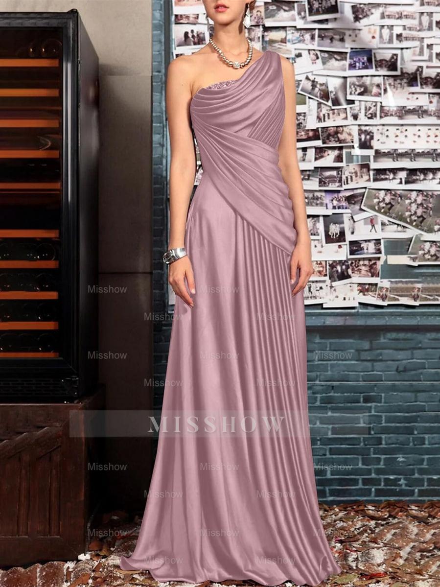 One Shoulder Sleeveless Floor Length Mother of the Bride Dress with Crystal Pleats and Draping