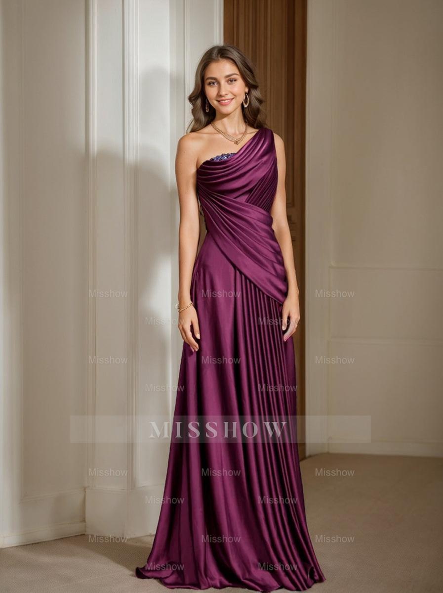 One Shoulder Sleeveless Floor Length Mother of the Bride Dress with Crystal Pleats and Draping