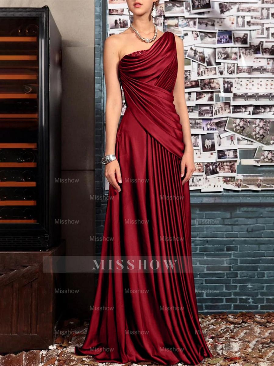 One Shoulder Sleeveless Floor Length Mother of the Bride Dress with Crystal Pleats and Draping